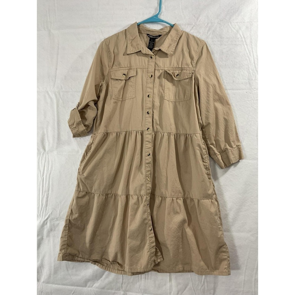 Millennium Dress Womens Large Beige Shirt Dress Button Front Pockets 3/4‎ Sleeve